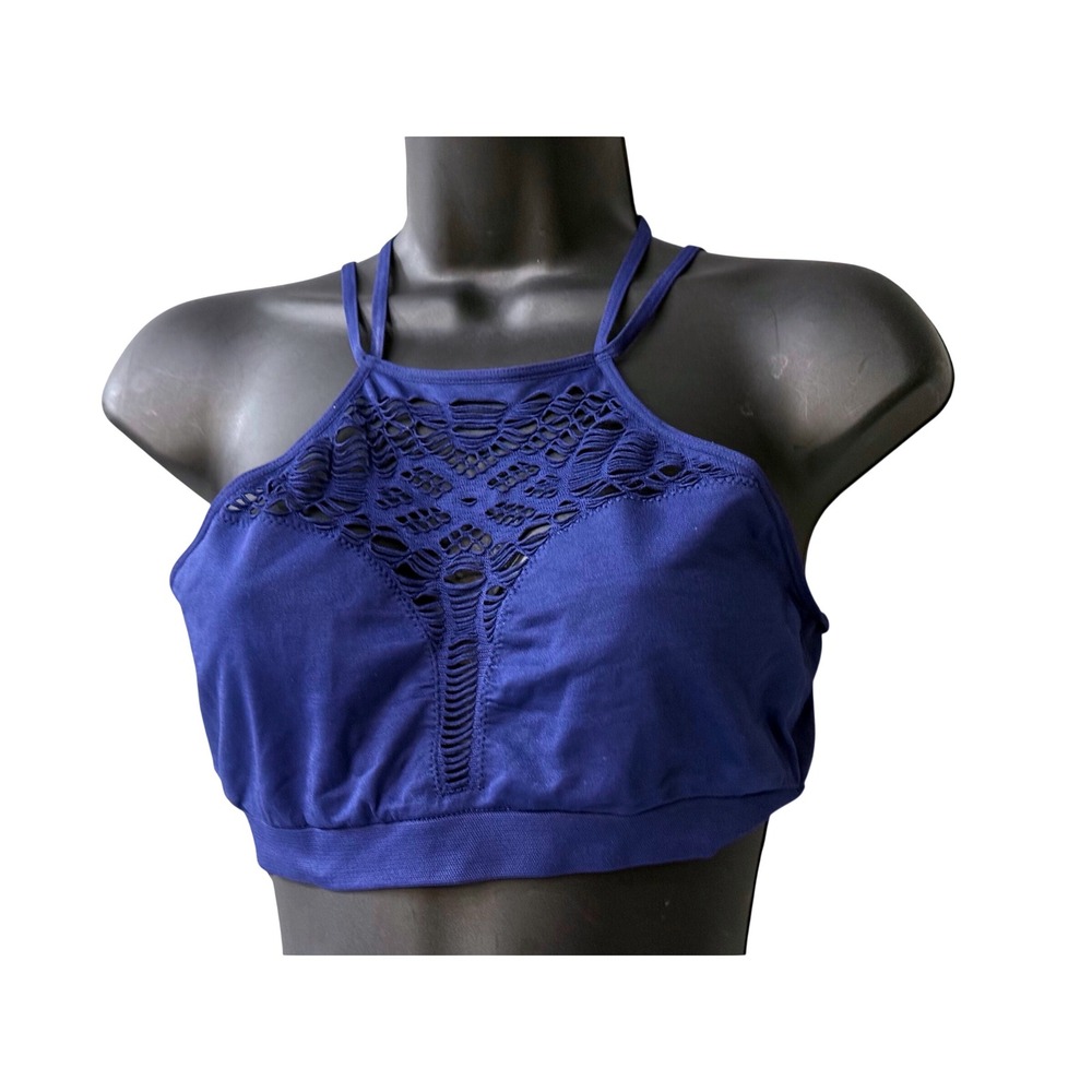 Victorias Secret Navy Blue Crochet Cutout‎ High Neck Strappy Bralette Large NWT